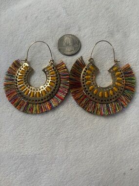 Gold-Tone Hoop Earrings with Yellow and Rainbow Fringe